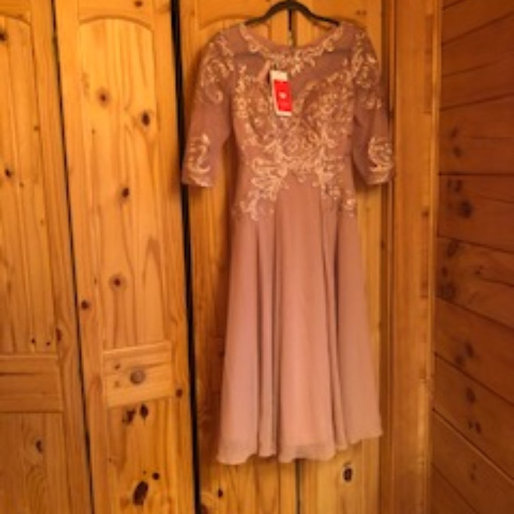 JJ's House Chiffon tea length special occasion dress size 4 dusty rose